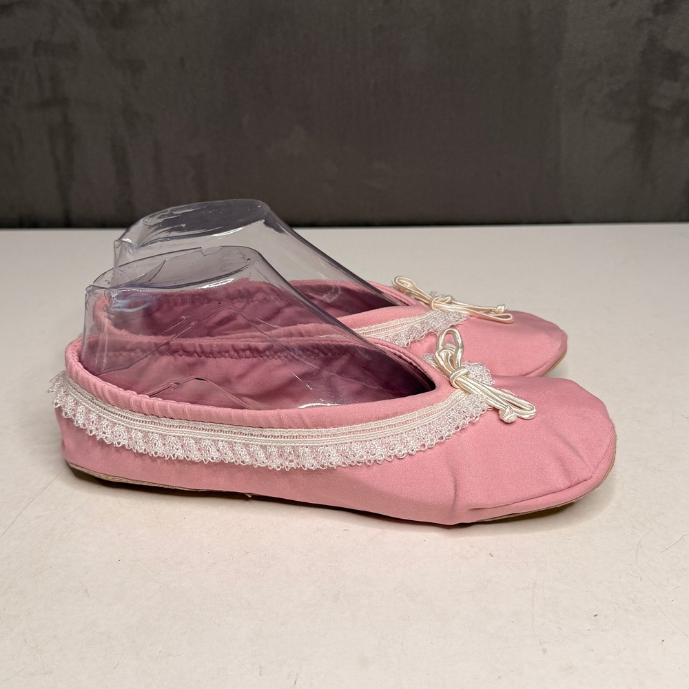Aris Isotoner Ballet Slippers Women Large Pink Lace Trim Bow Vintage Loungewear